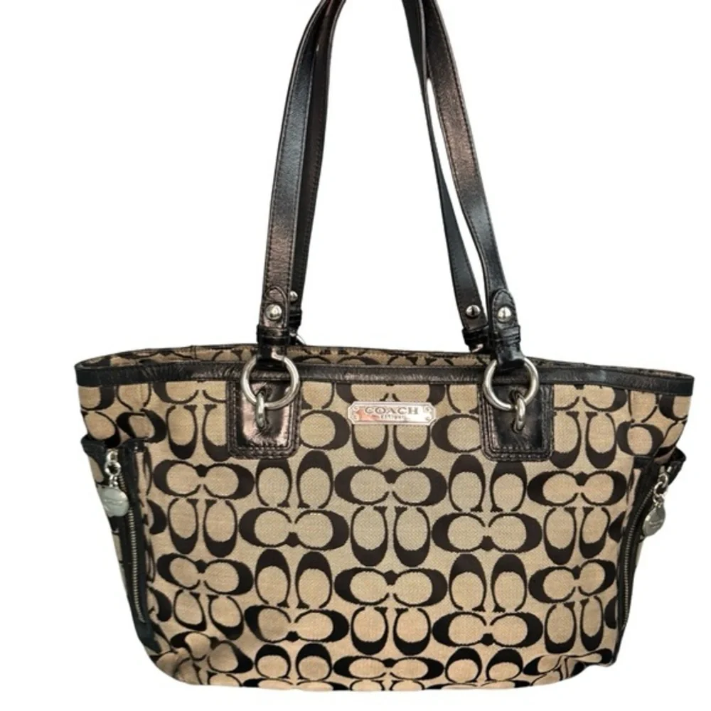 SOLD Coach Gallery Tote Black & Grey Canvas & Leather Monogram Shoulder Bag